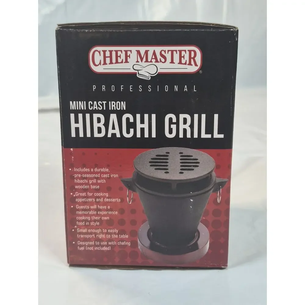 ChefMaster Cast Iron Mini Hibachi Grill, Indoor S'mores, Appetizers, Wooden Base